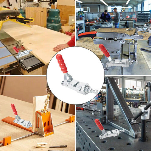 2 Pack Heavy Duty Push Pull Toggle Clamp 36224 Rock Solid 700 Lb Grip shown in various workshops securing materials.