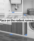 Heavy Duty Mouse And Insect Traps 12 Pack With Non Toxic Sticky Glue Sheets For Indoors showing blue traps placed under sink and cabinets.