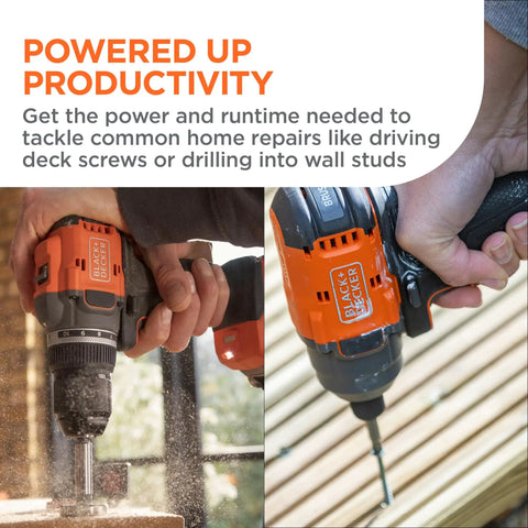 20v Max Cordless Drill And Impact Driver Combo Kit With Brushless Motor shown in action drilling wood, demonstrating power and usage.