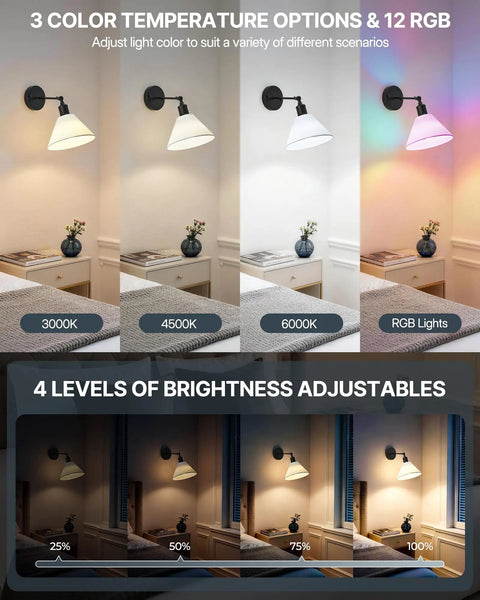 HOJOYRI Black Recharge Battery Operated Wall Sconces Set of Two with Remote showcasing 3 color temperatures and adjustable brightness.