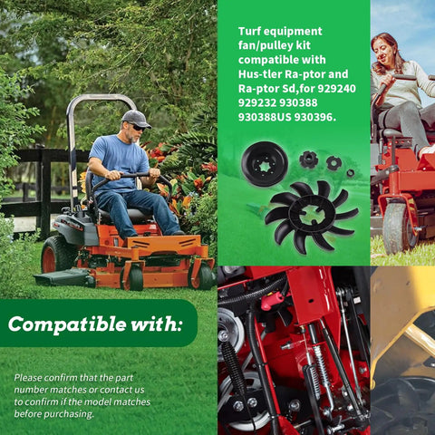 Fan and Pulley Kit for Hustler Raptor and Raptor SD Ride-On Mowers, Replaces 72134, shown with mowers and components