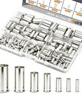Top Notch 170 Piece Silver Plated Copper Wire Ferrules Kit With 8 AWG Sizes For Crimping Terminals To Stop Wire Fraying And Secure Loose Connections Perfect For Auto And Home Electrical Fixes. open case of silver plated copper wire ferrules in assorted 8 AWG sizes
