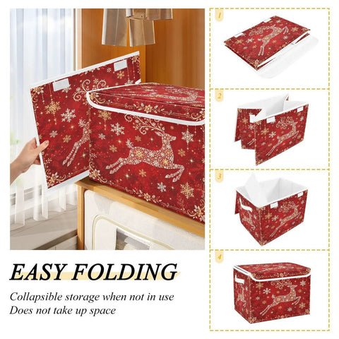 Straight Up Premium Reindeer Collapsible Storage Bins With Lids, Heavy Duty fabric organizer shown being folded.