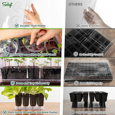 Comparison of Self Watering Seed Starter Kit With Humidity Domes, Extra Thick Plastic 72 Cell Trays next to ordinary trays