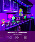 Glow party setup with Ultra Bright 42W LED Black Light Bar Set illuminating UV decorations and body paint, vibrant colors visible.