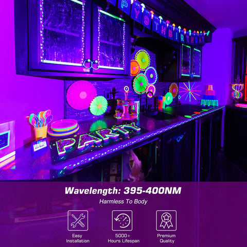 Glow party setup with Ultra Bright 42W LED Black Light Bar Set illuminating UV decorations and body paint, vibrant colors visible.