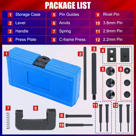 20 Piece Chain Breaker Tool Kit With C Frame And 3 Anvils, 5 Break Tips, storage case, lever, pins, and guides shown
