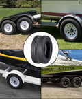 Heavy Duty Trailer Tires For Utility Boat Camper And Hauler Trailers, Sizes 20.5x8.0-10 And 4.80-12 shown on different trailers