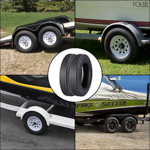 Heavy Duty Trailer Tires For Utility Boat Camper And Hauler Trailers, Sizes 20.5x8.0-10 And 4.80-12 shown on different trailers