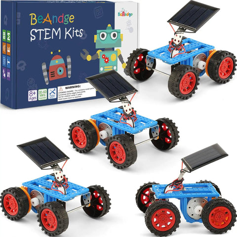 Image of Totally Solar Powered STEM Car Kits For Kids 8 9 10 11 12 13 Kid Friendly Hands On Robotics And Coding Projects With Four Solar Cars No Batteries Required Perfect Classroom Gift For Boys And Girls showing four blue and red solar cars on a white background.