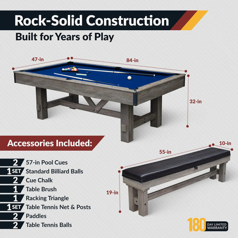 7 Foot Pool Table Combo With Benches Table Tennis And Dining Tops Billiards Set Ping Pong Ready Built In Storage with accessories