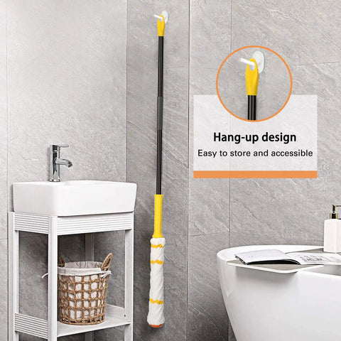 Self Wringing Twist Mop With Long 57 Inch Handle Microfiber Floor Mop With Top Scrub Pad hanging in bathroom