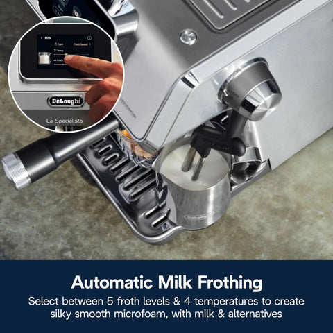 Close-up of La Specialista Touch Espresso Machine With Grinder And Milk Frother For Home Barista Quality Brews showing milk frothing.