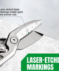 Close-up of Heavy Duty Tin Snips With Forged Blade And Compound Action For Superior Metal Cutting, showing laser-etched markings.