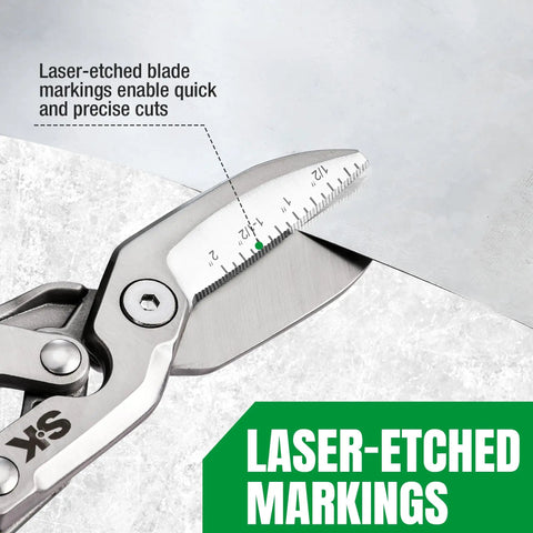 Close-up of Heavy Duty Tin Snips With Forged Blade And Compound Action For Superior Metal Cutting, showing laser-etched markings.
