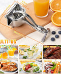 Nisuez Heavy Duty Manual Fruit Juicer Press for Lemons Limes Oranges on a wooden surface with fresh juice and fruits.