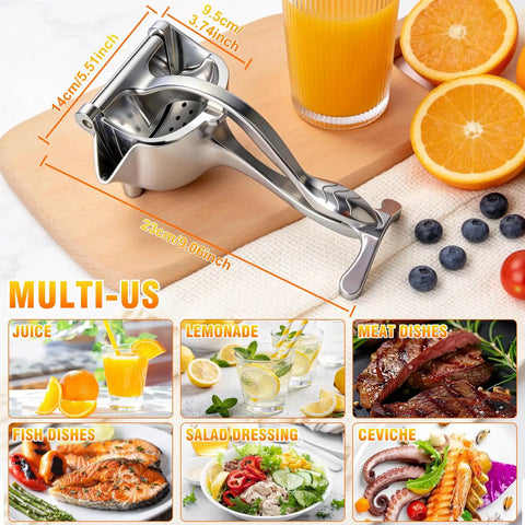 Nisuez Heavy Duty Manual Fruit Juicer Press for Lemons Limes Oranges on a wooden surface with fresh juice and fruits.