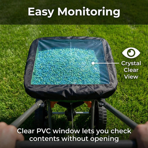 Spreader Hopper Cover Waterproof Heavy Duty Protection For Lawn And Fertilizer Spreaders With Universal Fit, clear PVC window.