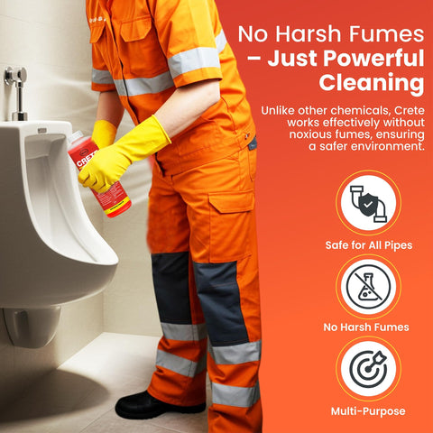 Worker using Commercial Grade Urinal Drain Cleaner Descaler and Deodorizer for Restrooms, Breaks Down Urine Scale and Calcium Deposits, Restores Pipe Diameter, Safe for Pipes, No Harsh Fumes, Urine Salt Remover, 32 Fl Oz on urinal.