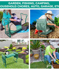Garden Kneeler And Seat With Soft EVA Foam Pad, foldable bench in use for gardening, green with tool pouches, heavy duty steel frame.