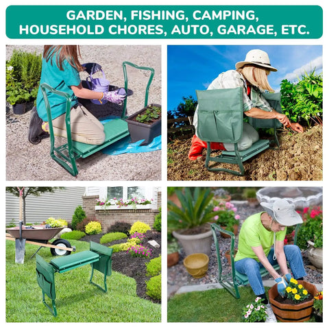 Garden Kneeler And Seat With Soft EVA Foam Pad, foldable bench in use for gardening, green with tool pouches, heavy duty steel frame.
