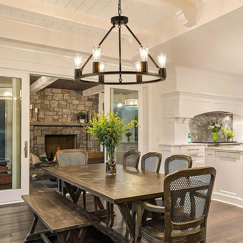 Industrial Black Wagon Wheel Chandelier With Six Candle Style Lights Dope Farmhouse Vibe Ceiling Fixture Over Dining Room Table