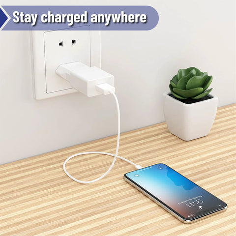 Three Pack EU To US Plug Adapters in white outlet charging a phone, ideal for worldwide travel