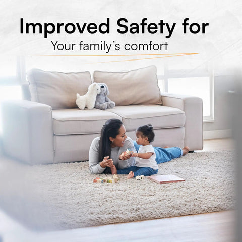 Mother and child on rug in living room using 8 Pack Rug Pad Gripper Set For Hardwood Floors No Slip Rug Pads Under Rug Tape.