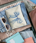 Golf Themed Makeup Bag For Women, Blue Golf Ball Bows Cosmetic Pouch And Toiletry Organizer in suitcase with travel items