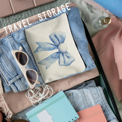 Golf Themed Makeup Bag For Women, Blue Golf Ball Bows Cosmetic Pouch And Toiletry Organizer in suitcase with travel items