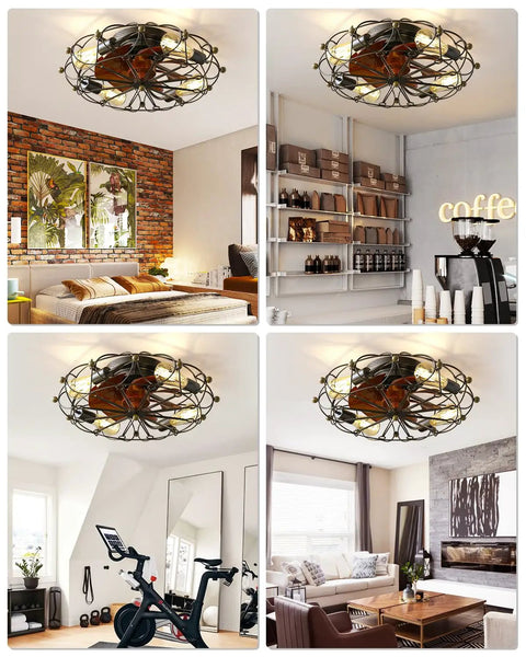 Caged Ceiling Fan With Light Remote Control 5 Bulbs 6 Speeds 20 Inch Black in various room settings showcasing farmhouse style.
