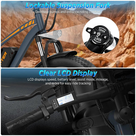 Lockable suspension fork and clear LCD display of All-Terrain Fat Tire Electric Bike For Adults With 1500W Peak Power 30 MPH Top Speed
