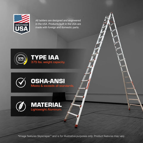 Skyscraper 17 Ft Adjustable Extension Stepladder With Crazy Reach For High Ceilings And Stairwells, Non Slip Feet, Safety Straps, Type IAA 375 Lb Rating, Ultra Tall Multi Position Ladder For Chandeliers And Skylights. Aluminum extension ladder shown open in a room.