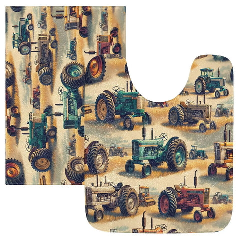 Vintage Farm Tractors 2 Piece Bath Mat Set With Non Slip Backing, Absorbent Plush Top, U Shaped Toilet Rug, Tractor Print