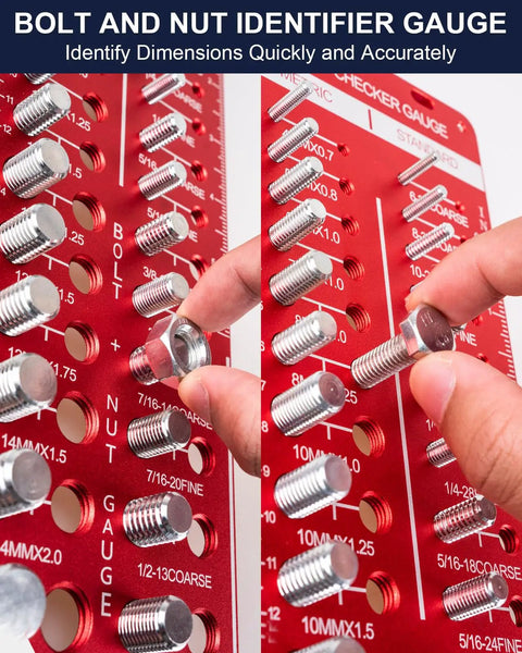 Thread Checker Kit For Bolts And Nuts With 42 Size Gauge, close-up of hands using Pro Grade Heavy Duty Nut And Bolt Identifier