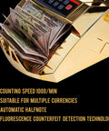 Lightning Fast Money Counter With Counterfeit Detector UV MG IR MT displaying currency notes being counted