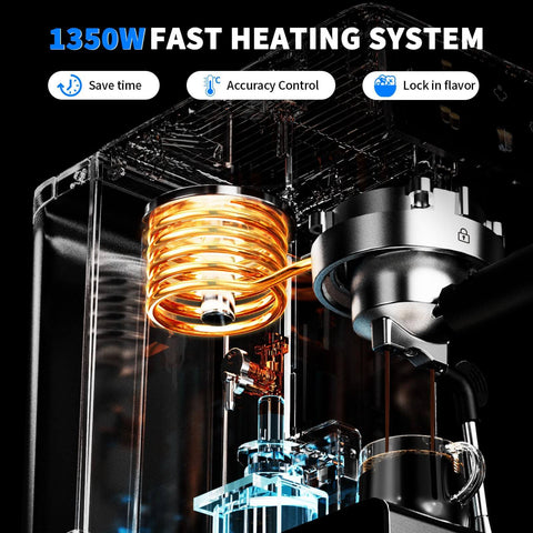 Close-up of 1350W heating element in 20 Bar Espresso Machine With Hot Brew And Rapid Cold Brew, Stainless Steel Coffee Maker, Silver.