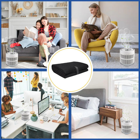 Universal Carbon Pre Filter Pad Roll 16 by 48 inches with scenes of air purifiers in home and office settings