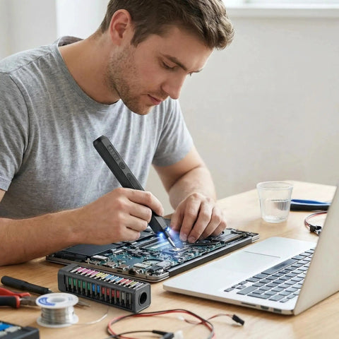 Compact Pen Shaped Cordless Electric Screwdriver Kit Packing 52 Magnetic Bits And Bright Led Lamp for laptop repairs on a table.