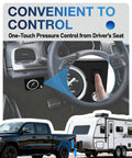 Driver using Heavy Duty 12V In Cab Air Compressor Kit For Air Bag Suspension With On Off Switch One Quarter Inch Air Line Delivers Quick Inflation Up To 120 PSI Universal Fit For Ford Chevy Silverado GMC Sierra Ram Trucks for quick pressure control.