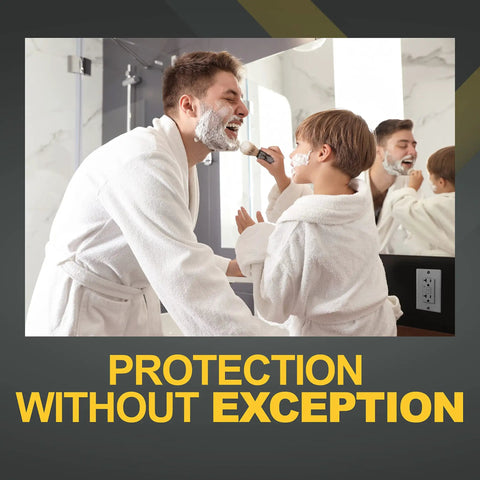 Father and son in bathrobes using Three Pack GFCI Outlet 20 Amp with LED Indicator in bathroom.