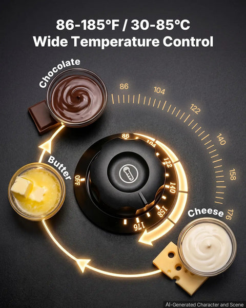 Temperature control dial showcasing 86-185°F settings for Heavy Duty Commercial Chocolate Melting Machine, Four Tank Water Bath Heater.