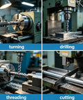 WYDDDARY Eight By Sixteen Inch Precision Benchtop Metal Lathe With Digital Readout DRO shown in turning, drilling, threading, and cutting operations.