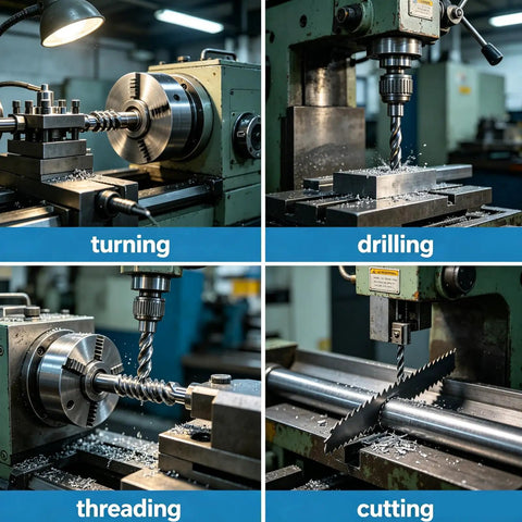 WYDDDARY Eight By Sixteen Inch Precision Benchtop Metal Lathe With Digital Readout DRO shown in turning, drilling, threading, and cutting operations.
