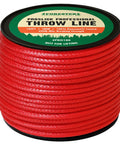 Coiled red Dyneema rope, labeled 180ft for the Throw Line Kit With Cordura Throw Weight And 180Ft Dyneema Rope.