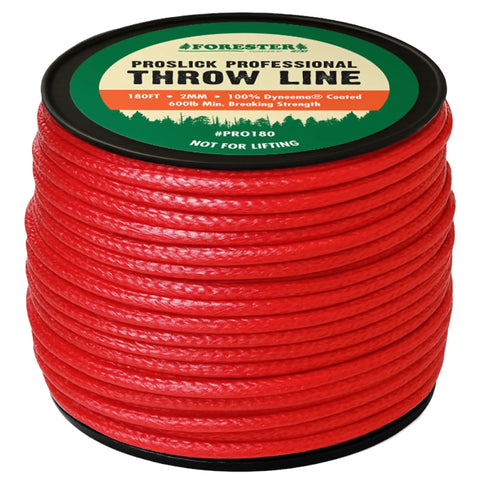 Coiled red Dyneema rope, labeled 180ft for the Throw Line Kit With Cordura Throw Weight And 180Ft Dyneema Rope.