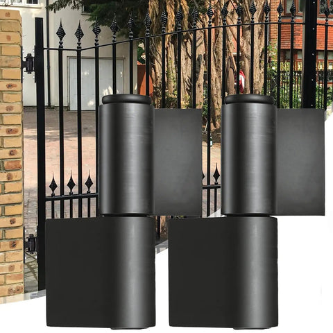 Top Shelf Heavy Duty Flag Shaped Hinges Built Tough With 4.2mm Solid Steel For Smooth Swinging Motion On House Garage And Trailer Doors Quick Install Four Pack displayed on a gate.