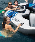Blue Tropic Inflatable Five Person Pool Island Lounge Raft With Backrests Built In Cooler And Four Cupholders in lake