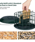 Person inserting suet cake into Squirrel Proof Suet Feeder For Outdoors Hanging All Metal Cage Bird Feeder With Double Suet Cake Capacity Tray And Weatherproof Green Finish Yard Friendly For Backyard And Garden Birds Safe Feeding.