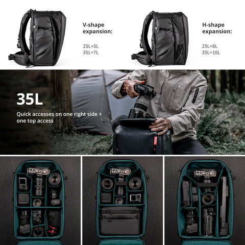 OneMo 2 35L To 45L Camera Backpack With Expandable Storage displaying interior compartments for camera gear and quick access features.